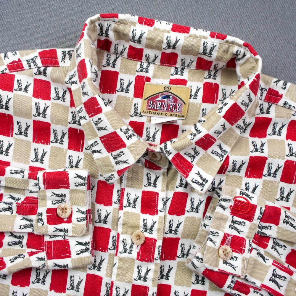 Barn Fly USA Women's M Cotton Button Down Shirt Red Checkered Cowboy Boots Print